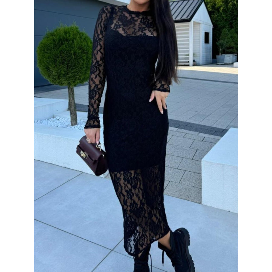 Lace Round Neck Long Sleeve Midi Dress Apparel and Accessories