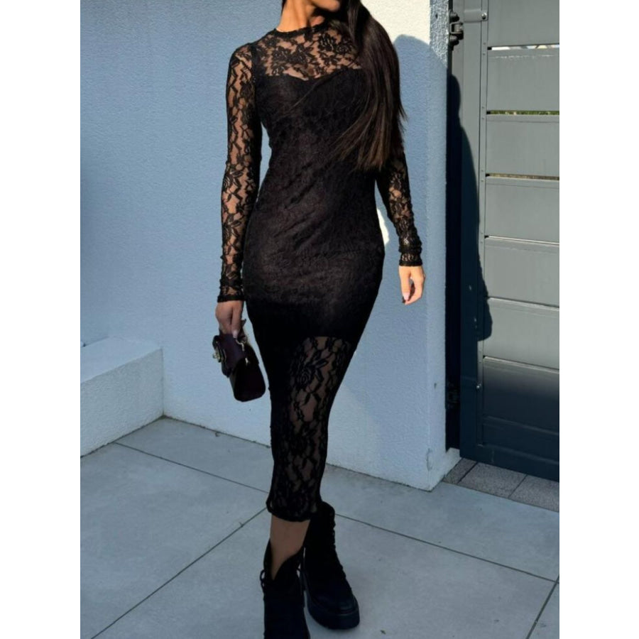 Lace Round Neck Long Sleeve Midi Dress Black / S Apparel and Accessories