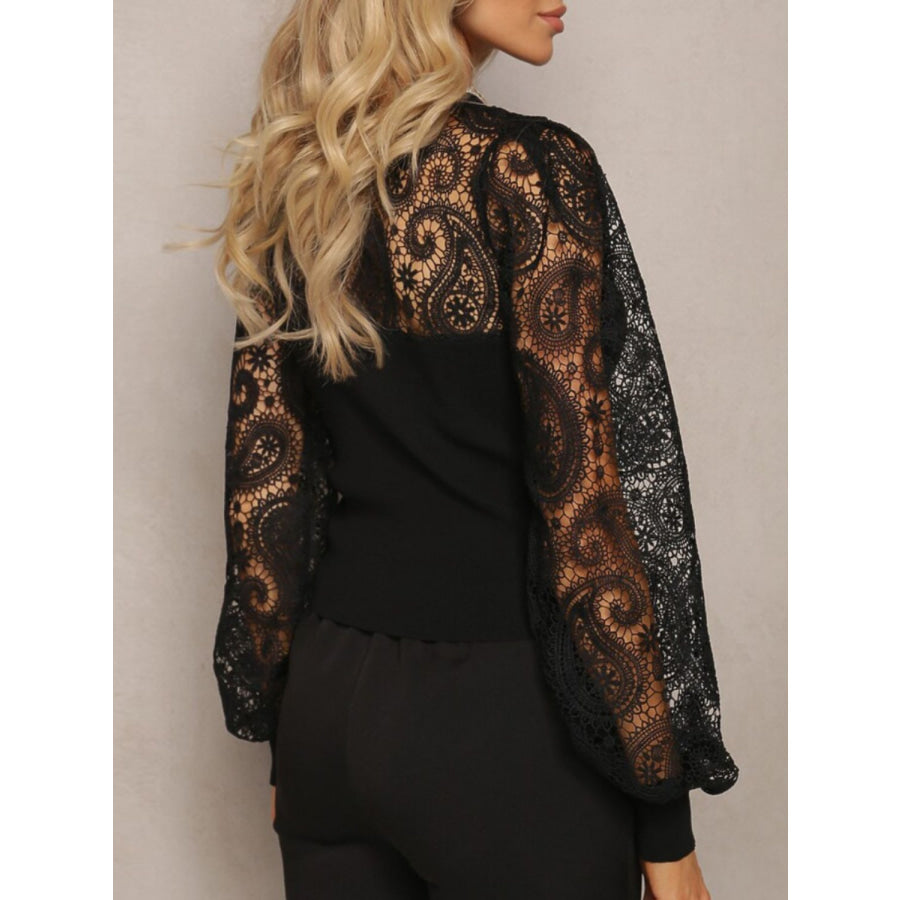 Lace Round Neck Long Sleeve T-Shirt Apparel and Accessories