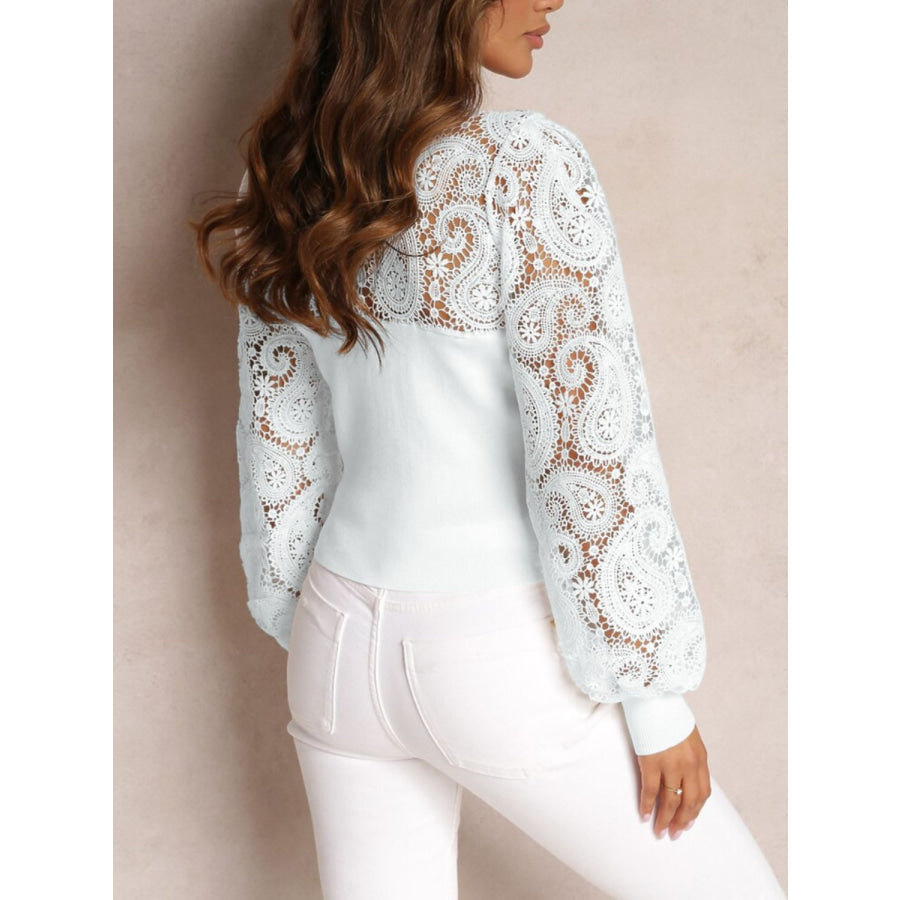 Lace Round Neck Long Sleeve T-Shirt Apparel and Accessories