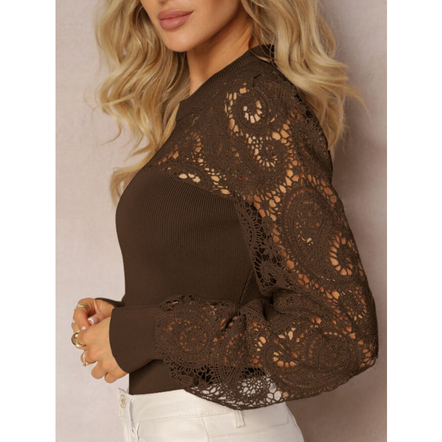 Lace Round Neck Long Sleeve T-Shirt Apparel and Accessories