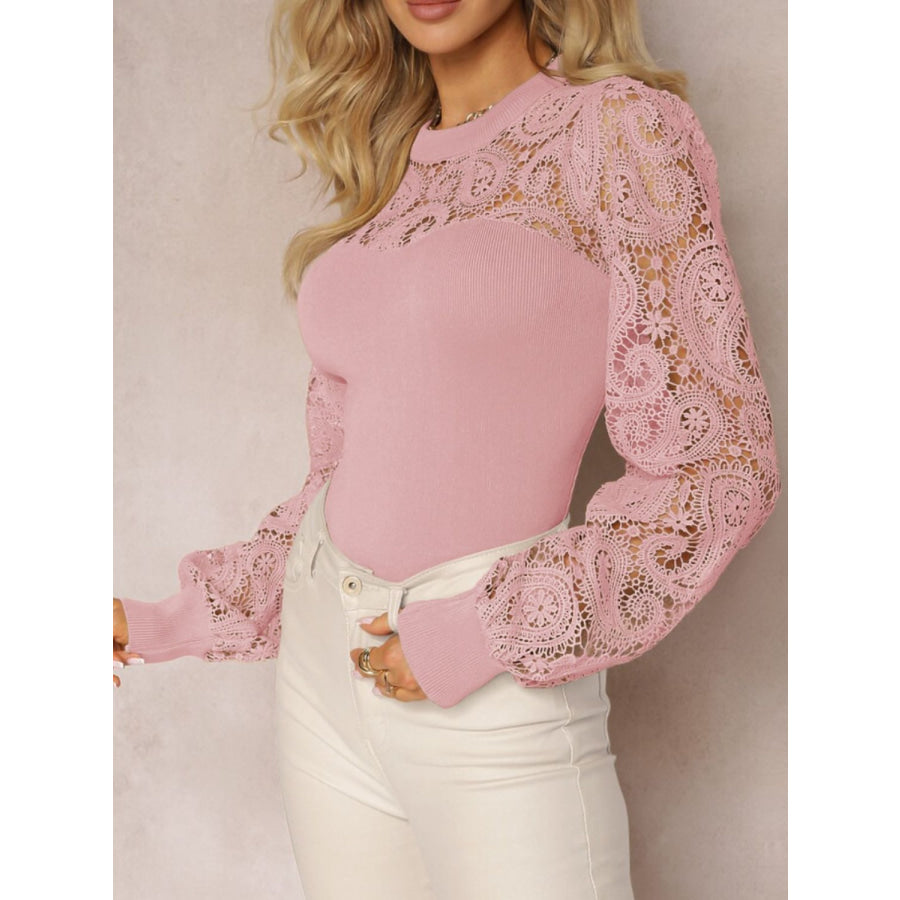 Lace Round Neck Long Sleeve T-Shirt Apparel and Accessories