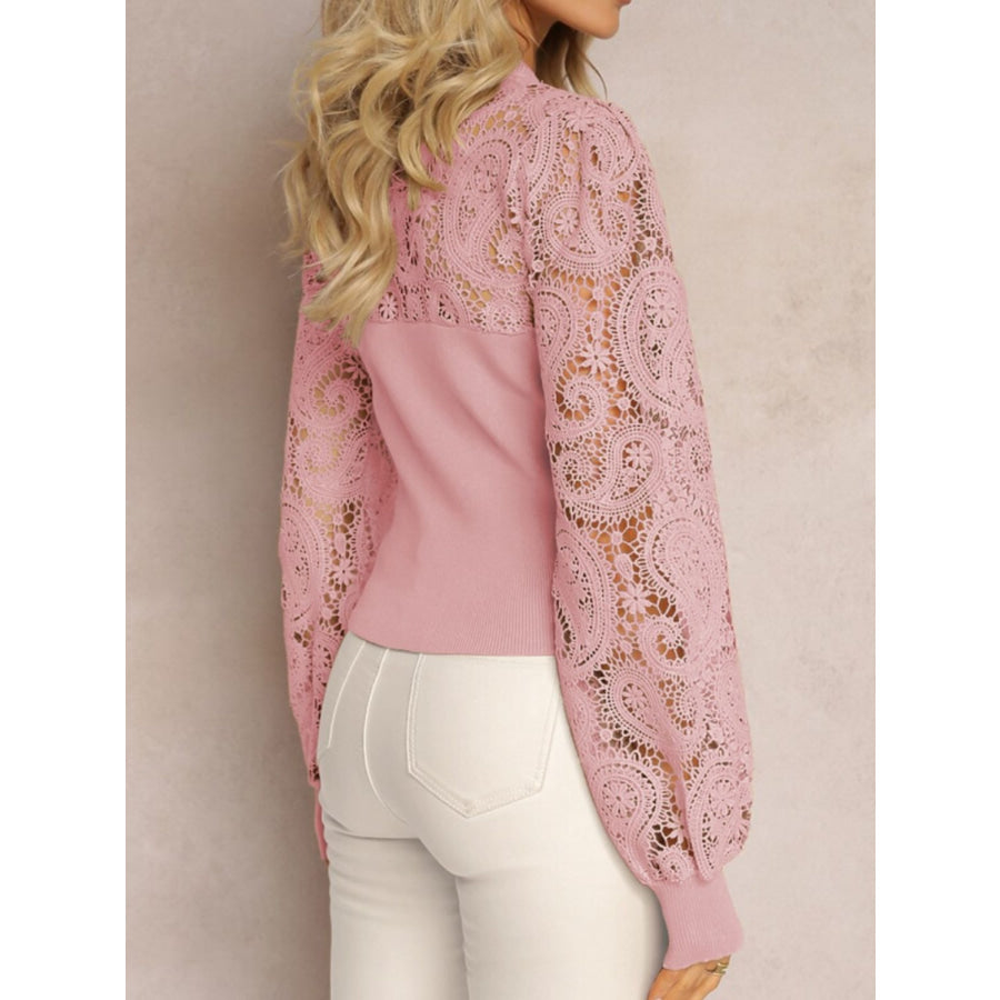 Lace Round Neck Long Sleeve T-Shirt Apparel and Accessories