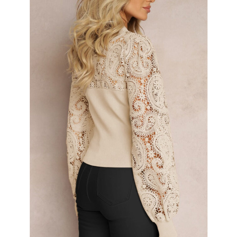 Lace Round Neck Long Sleeve T-Shirt Apparel and Accessories