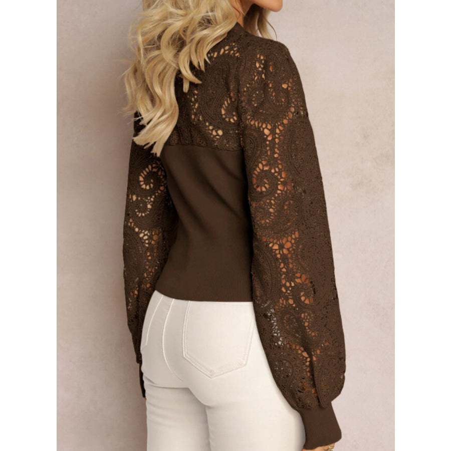 Lace Round Neck Long Sleeve T-Shirt Apparel and Accessories