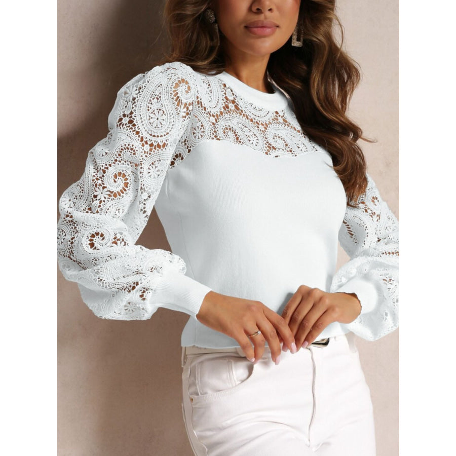 Lace Round Neck Long Sleeve T-Shirt Apparel and Accessories