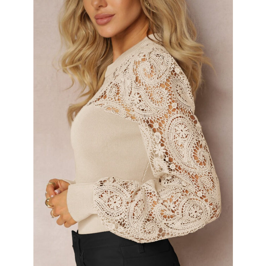 Lace Round Neck Long Sleeve T-Shirt Apparel and Accessories