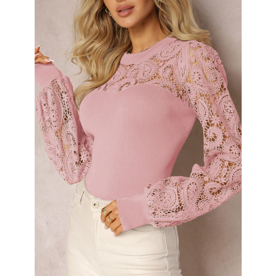 Lace Round Neck Long Sleeve T-Shirt Dusty Pink / S Apparel and Accessories