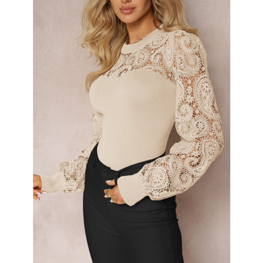 Lace Round Neck Long Sleeve T-Shirt Tan / S Apparel and Accessories