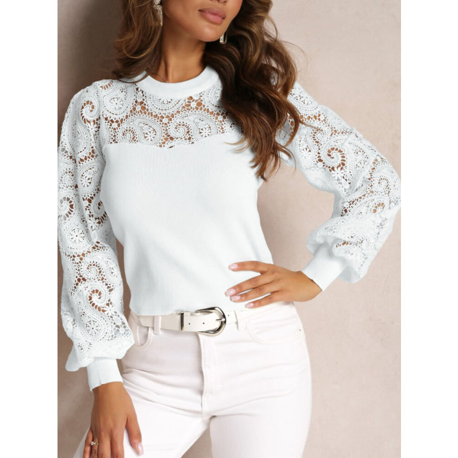 Lace Round Neck Long Sleeve T-Shirt White / S Apparel and Accessories