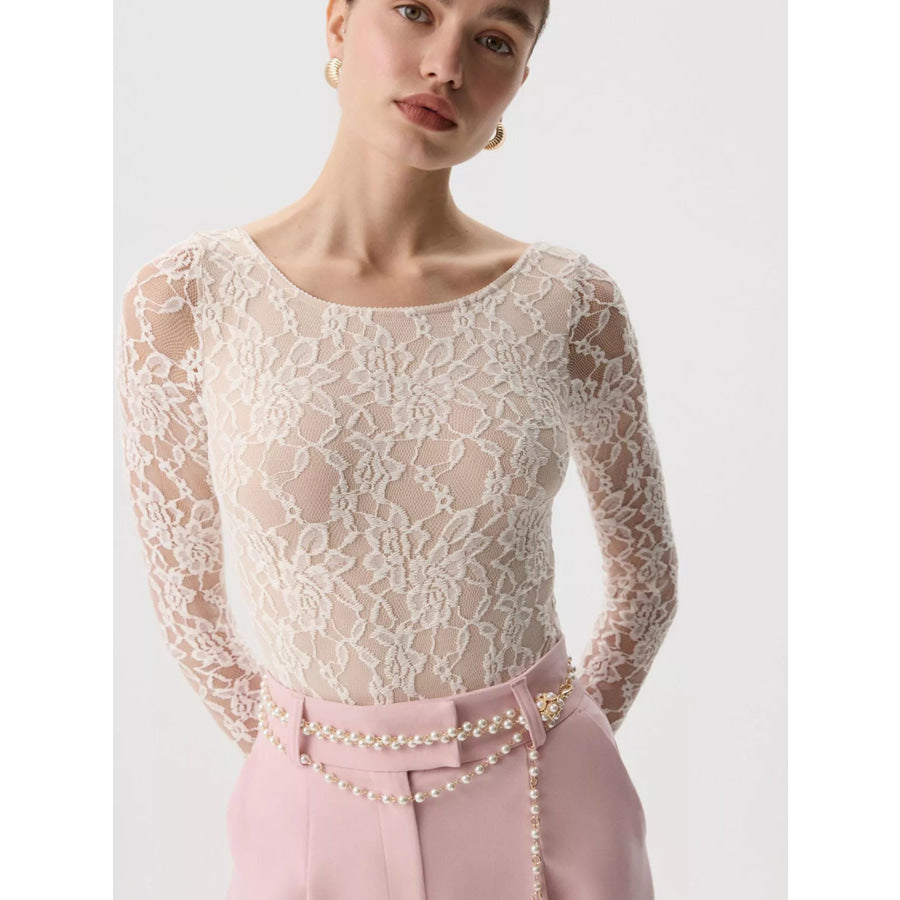 Lace Round Neck Long Sleeve Top Apparel and Accessories