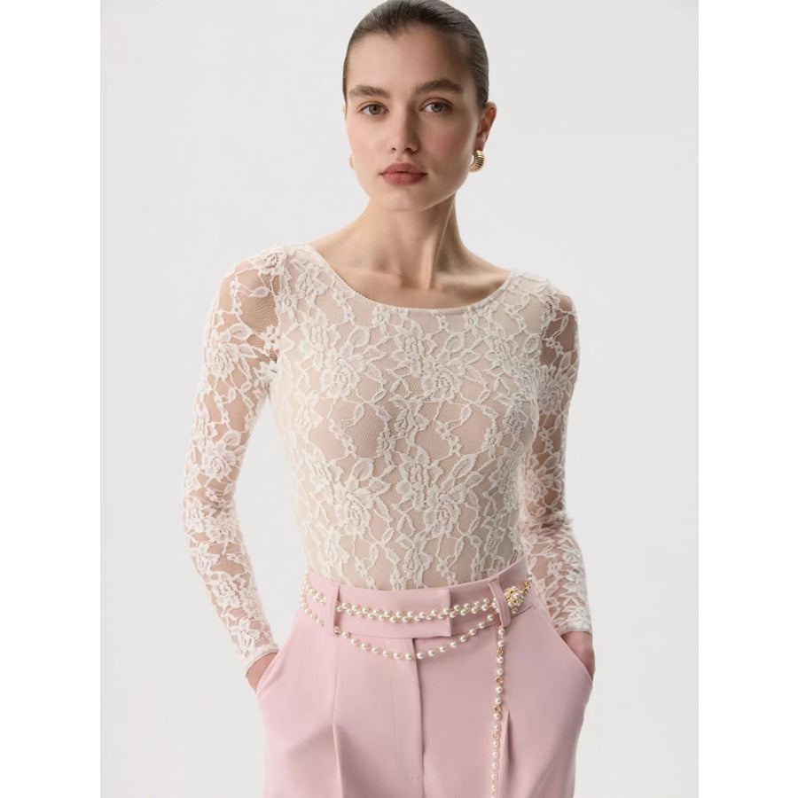 Lace Round Neck Long Sleeve Top Apparel and Accessories