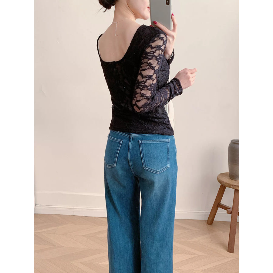 Lace Round Neck Long Sleeve Top Apparel and Accessories