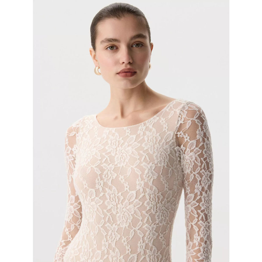 Lace Round Neck Long Sleeve Top Apparel and Accessories