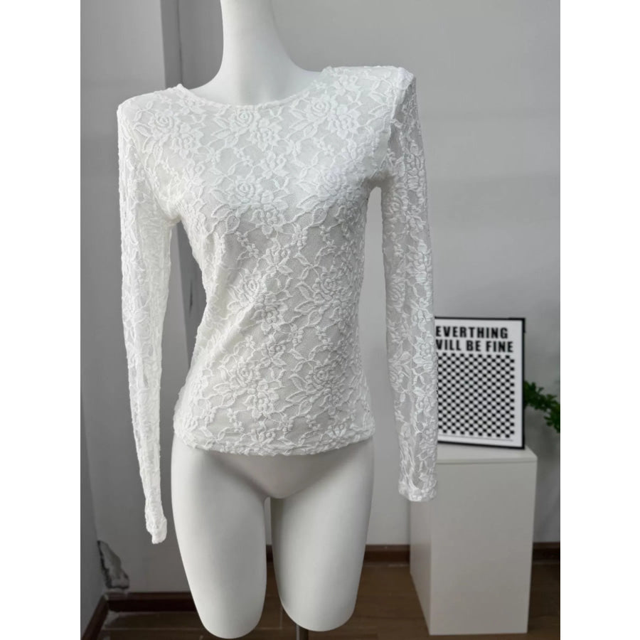 Lace Round Neck Long Sleeve Top Apparel and Accessories