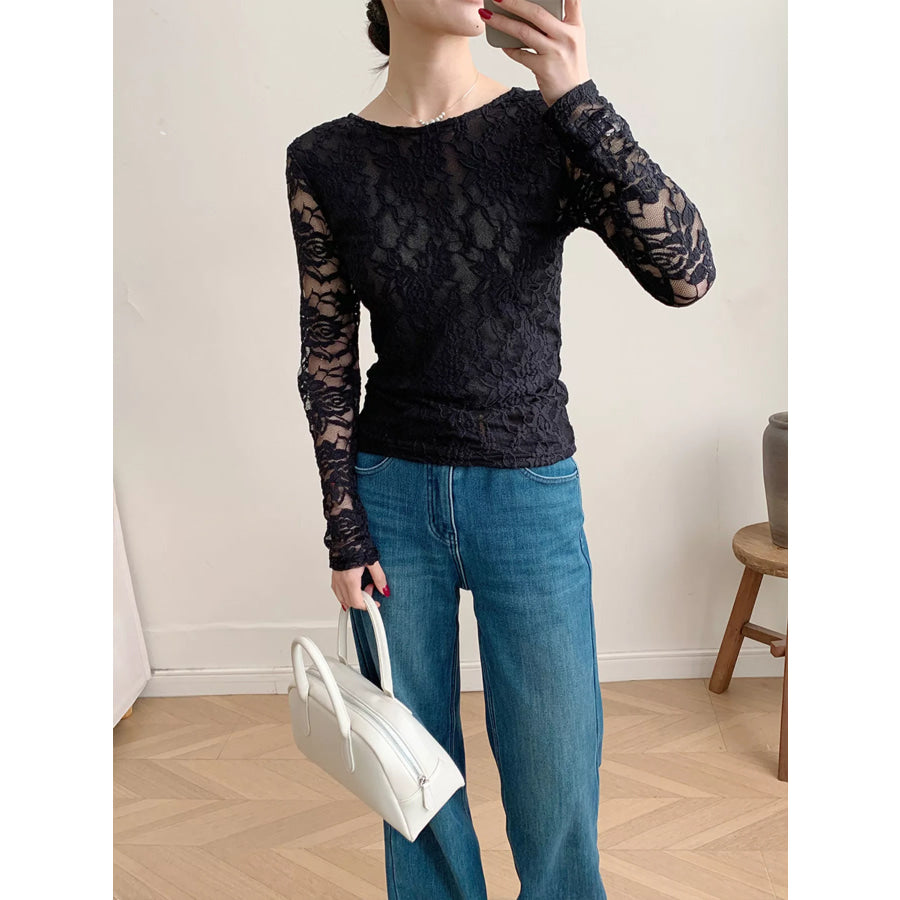 Lace Round Neck Long Sleeve Top Apparel and Accessories