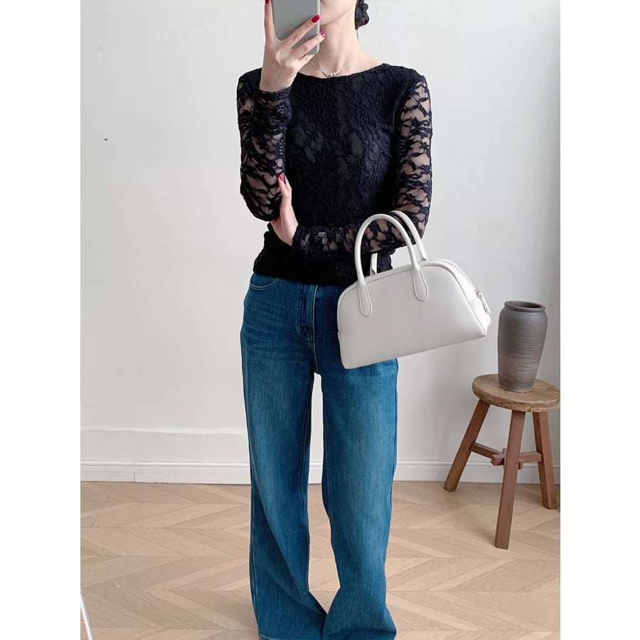 Lace Round Neck Long Sleeve Top Apparel and Accessories