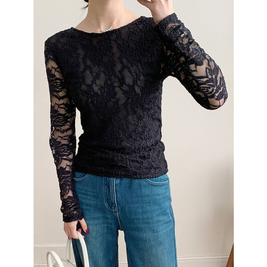 Lace Round Neck Long Sleeve Top Black / S Apparel and Accessories