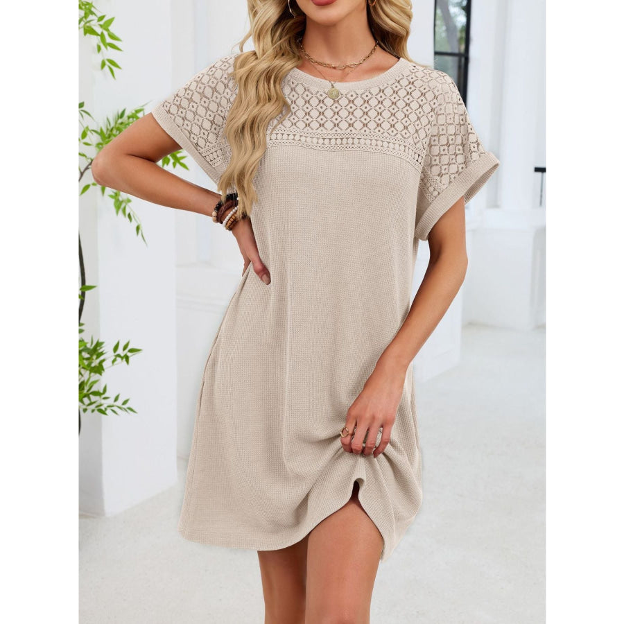 Lace Round Neck Short Sleeve T-Shirt Dress Apparel and Accessories