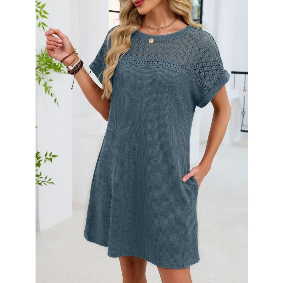 Lace Round Neck Short Sleeve T-Shirt Dress Apparel and Accessories