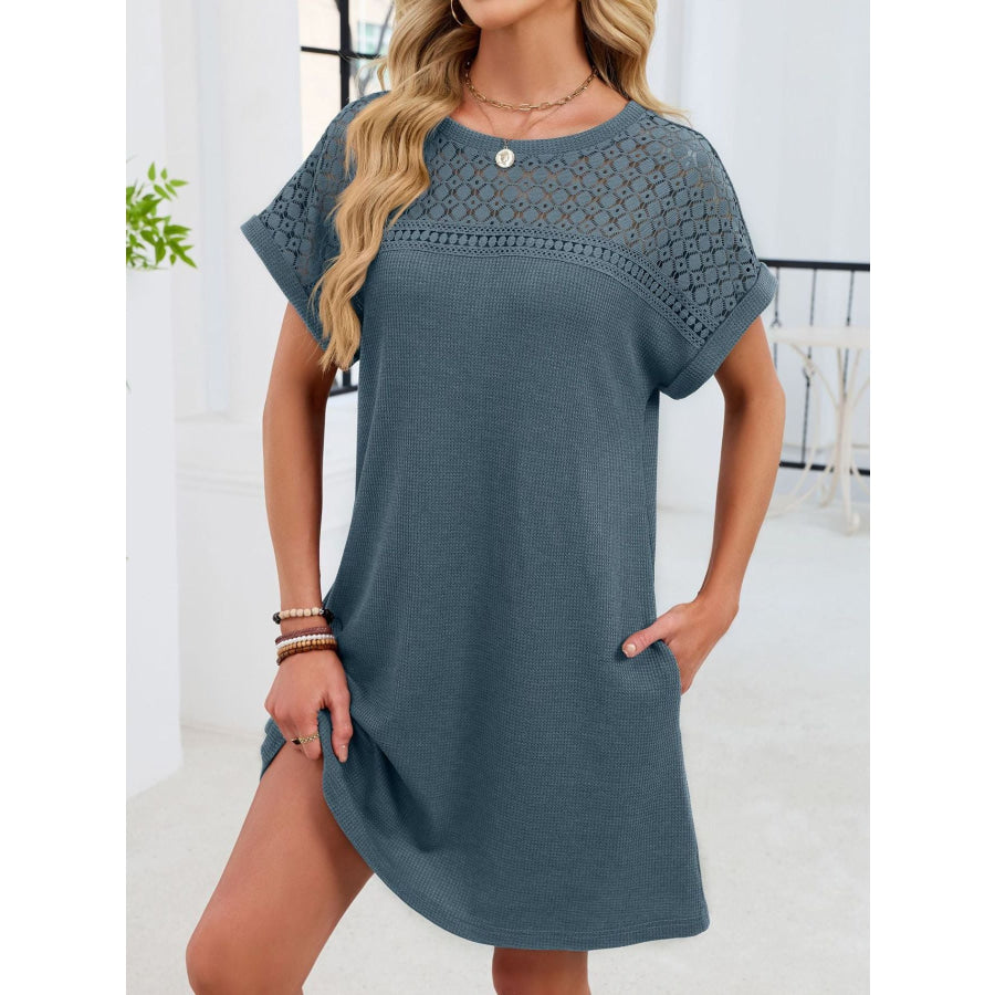 Lace Round Neck Short Sleeve T-Shirt Dress Apparel and Accessories
