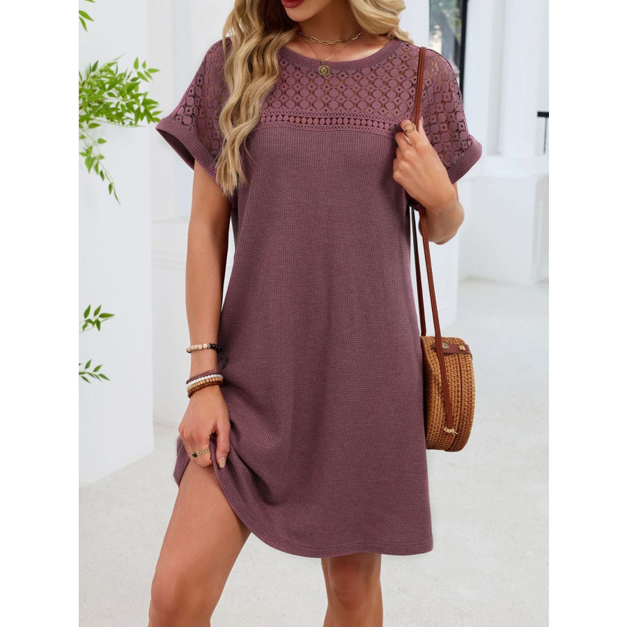 Lace Round Neck Short Sleeve T-Shirt Dress Apparel and Accessories