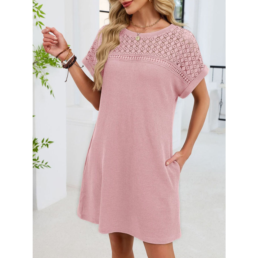 Lace Round Neck Short Sleeve T-Shirt Dress Apparel and Accessories