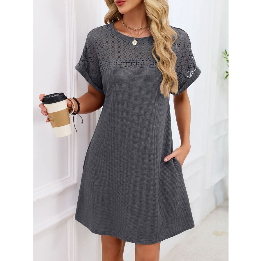 Lace Round Neck Short Sleeve T-Shirt Dress Apparel and Accessories