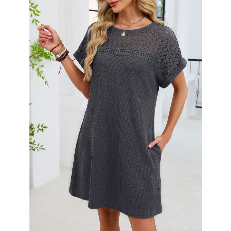 Lace Round Neck Short Sleeve T-Shirt Dress Apparel and Accessories