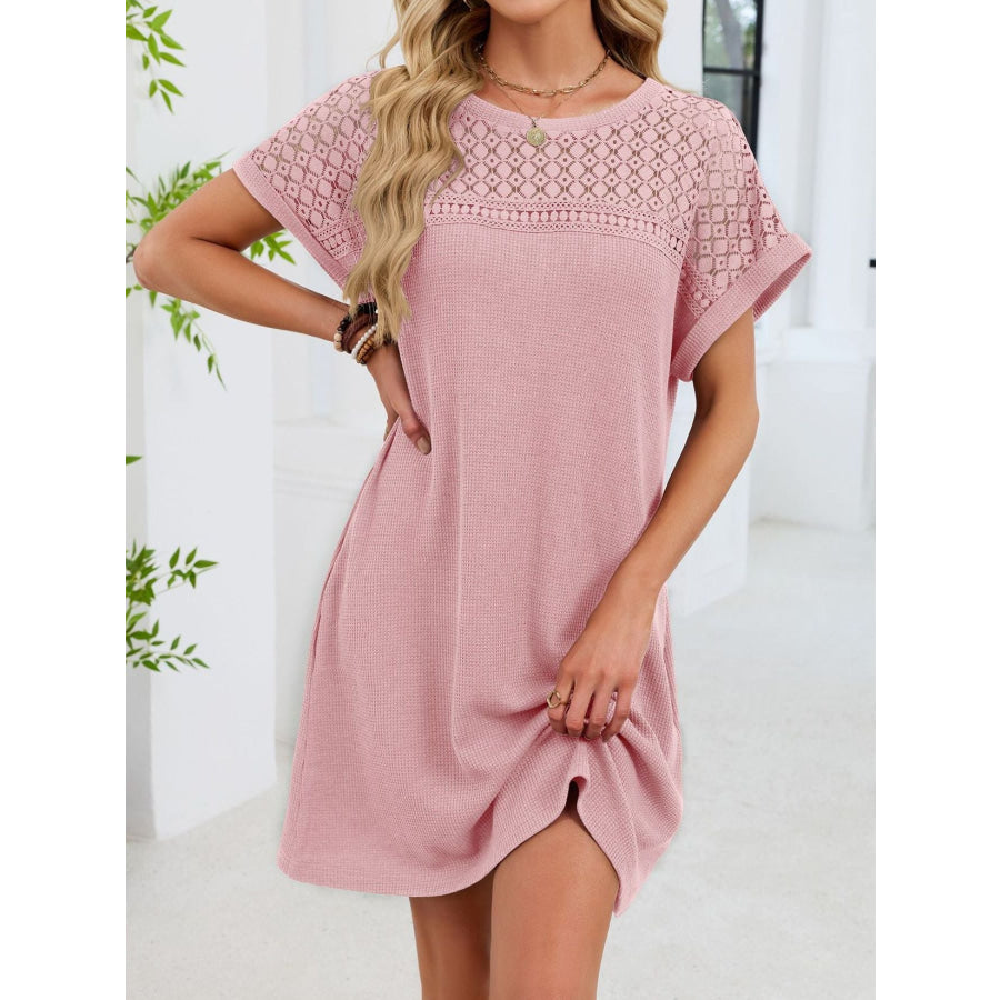 Lace Round Neck Short Sleeve T-Shirt Dress Apparel and Accessories