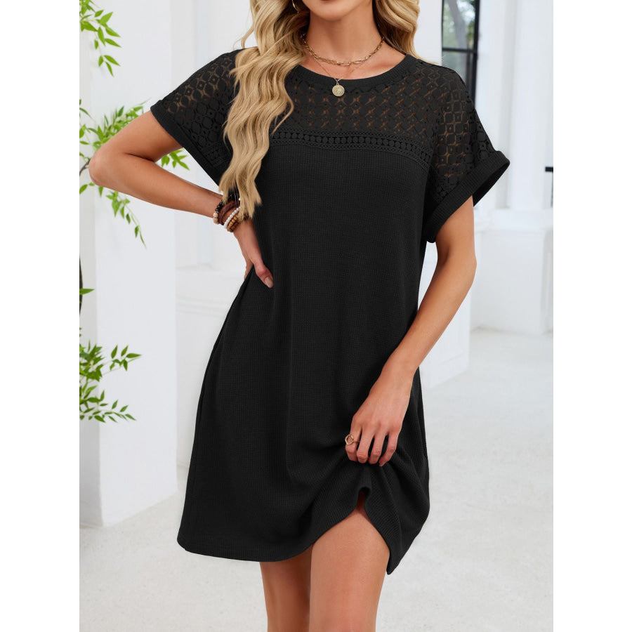 Lace Round Neck Short Sleeve T-Shirt Dress Apparel and Accessories