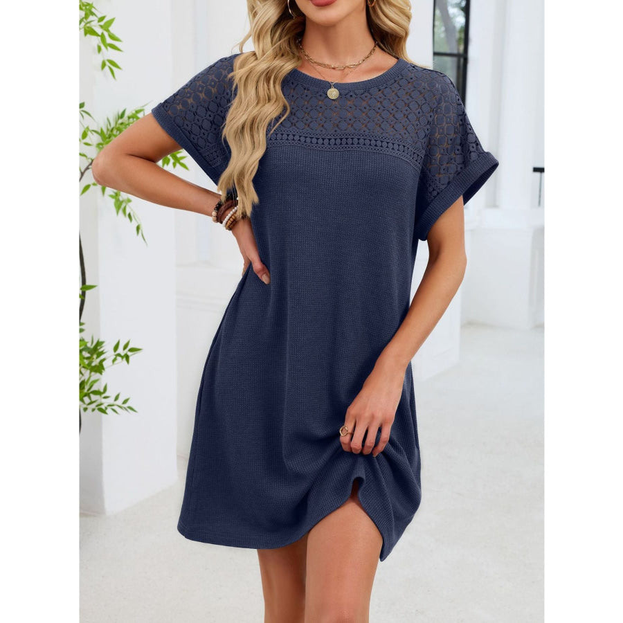 Lace Round Neck Short Sleeve T-Shirt Dress Apparel and Accessories
