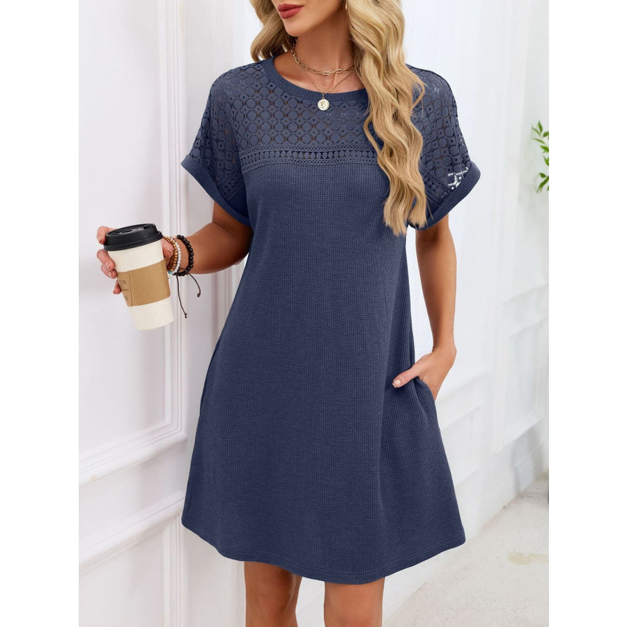 Lace Round Neck Short Sleeve T-Shirt Dress Apparel and Accessories
