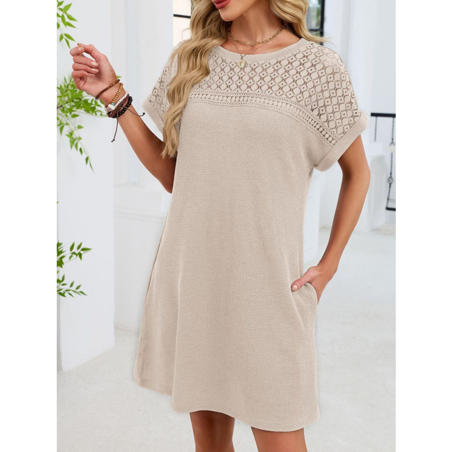 Lace Round Neck Short Sleeve T-Shirt Dress Apparel and Accessories
