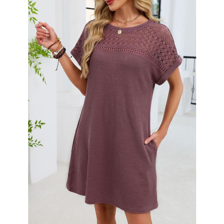 Lace Round Neck Short Sleeve T-Shirt Dress Apparel and Accessories
