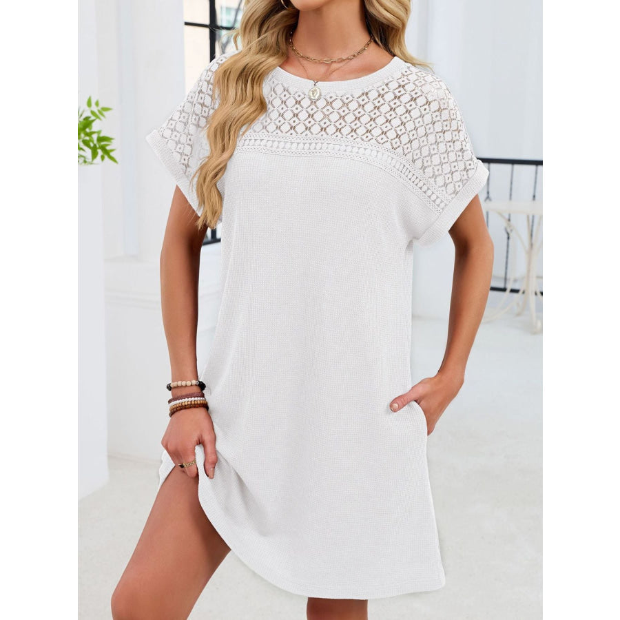 Lace Round Neck Short Sleeve T-Shirt Dress Apparel and Accessories