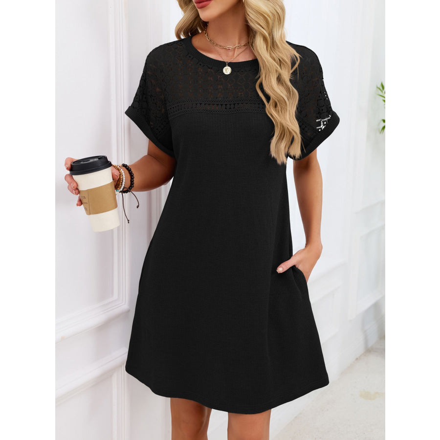 Lace Round Neck Short Sleeve T-Shirt Dress Apparel and Accessories