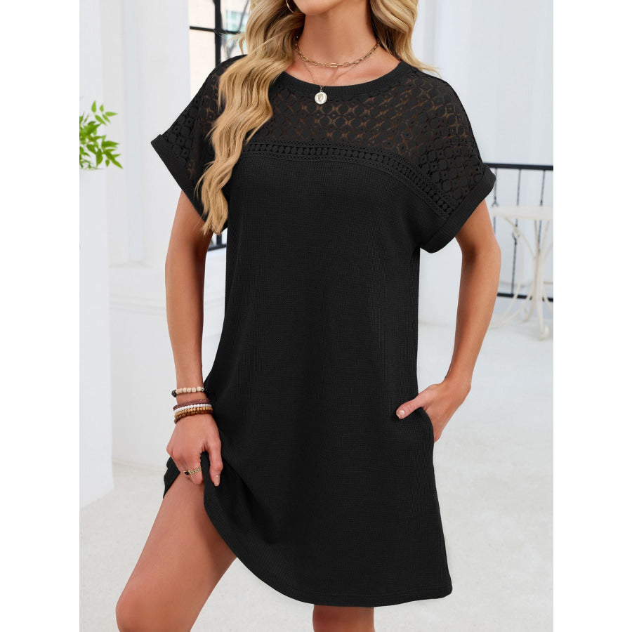 Lace Round Neck Short Sleeve T-Shirt Dress Apparel and Accessories
