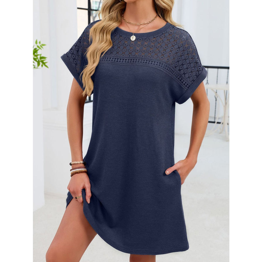 Lace Round Neck Short Sleeve T-Shirt Dress Apparel and Accessories