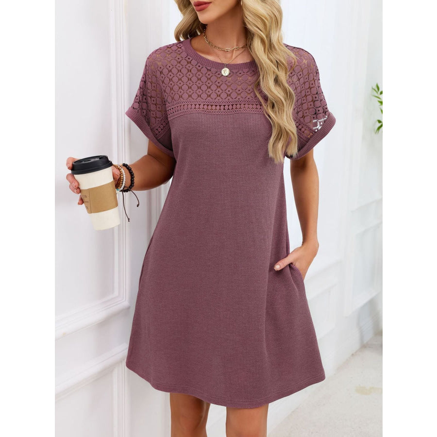 Lace Round Neck Short Sleeve T-Shirt Dress Apparel and Accessories