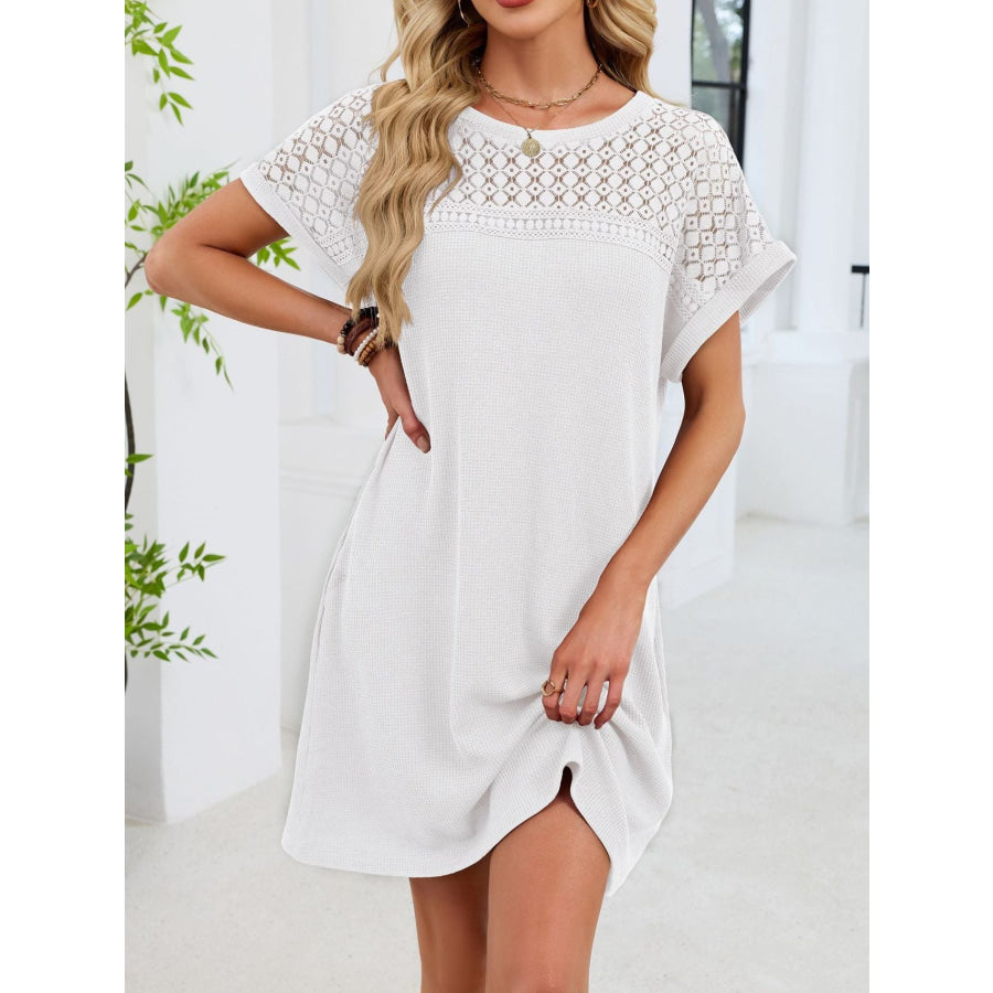 Lace Round Neck Short Sleeve T-Shirt Dress Apparel and Accessories