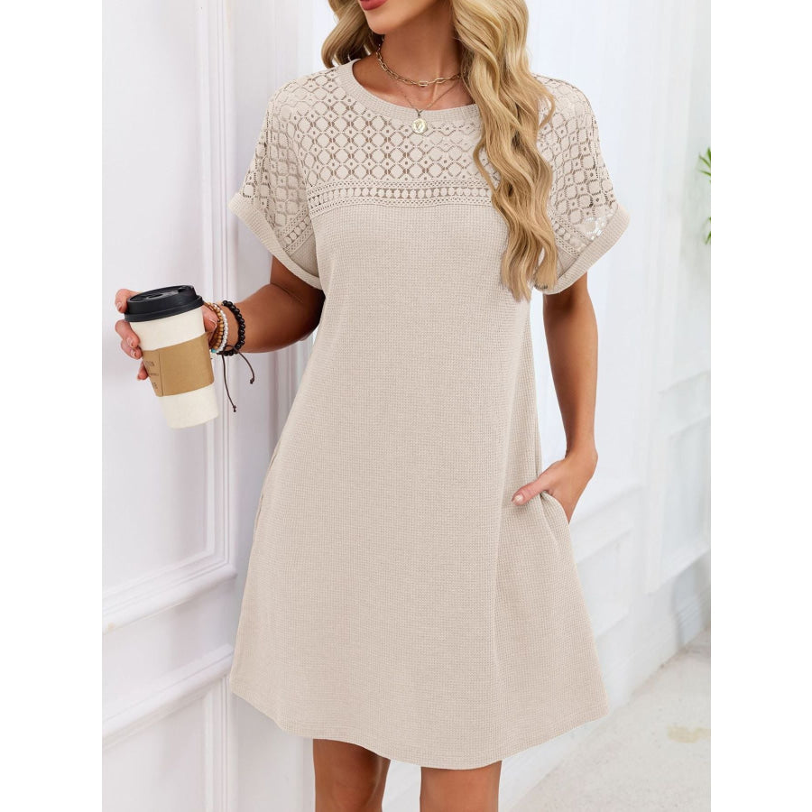 Lace Round Neck Short Sleeve T-Shirt Dress Apparel and Accessories