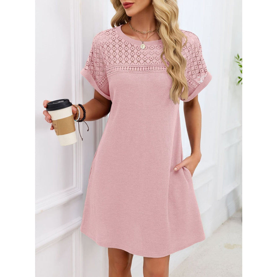 Lace Round Neck Short Sleeve T-Shirt Dress Apparel and Accessories