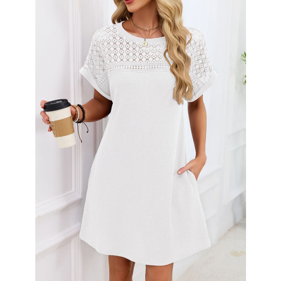 Lace Round Neck Short Sleeve T-Shirt Dress Apparel and Accessories