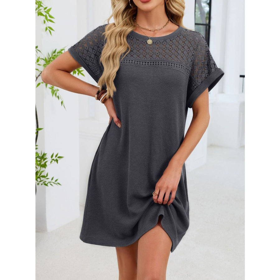 Lace Round Neck Short Sleeve T-Shirt Dress Apparel and Accessories