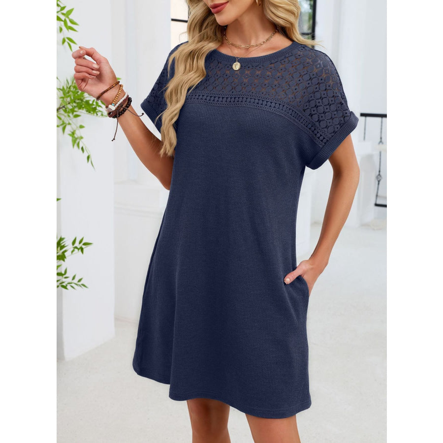 Lace Round Neck Short Sleeve T-Shirt Dress Apparel and Accessories