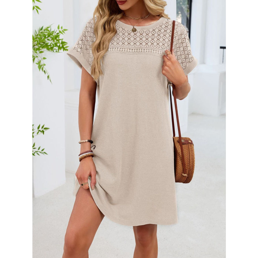 Lace Round Neck Short Sleeve T-Shirt Dress Beige / S Apparel and Accessories