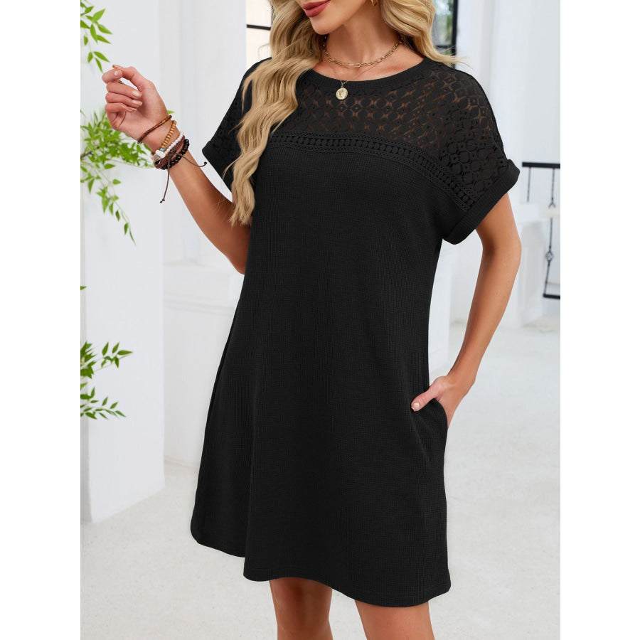 Lace Round Neck Short Sleeve T-Shirt Dress Black / S Apparel and Accessories