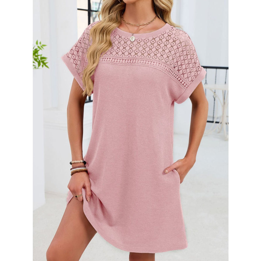Lace Round Neck Short Sleeve T-Shirt Dress Blush Pink / S Apparel and Accessories