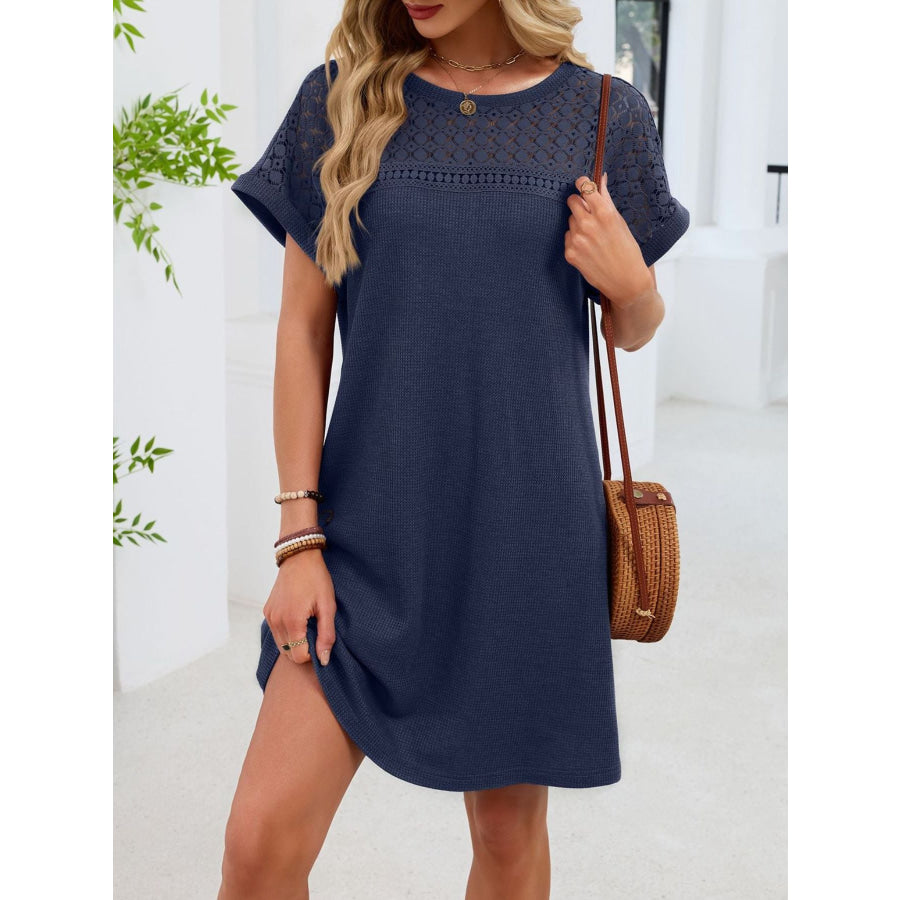 Lace Round Neck Short Sleeve T-Shirt Dress Dark Blue / S Apparel and Accessories